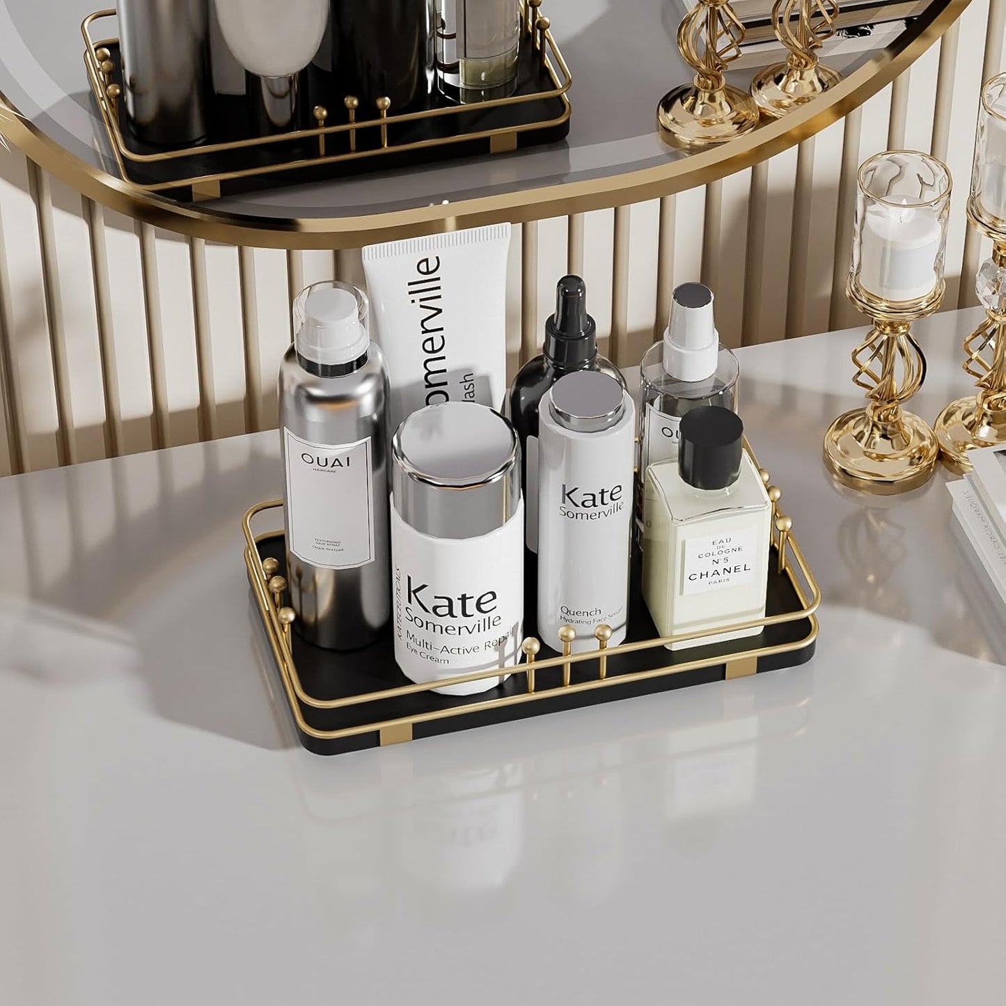 Bathroom Vanity Tray for Toiletries Makeup Perfume Candle Toilet Tank, Kitchen Tray for Soap Dispenser Spice Salt, Small Tray for Countertop Decor Coffee Nightstand 7.9”x4.4” Black-Gold