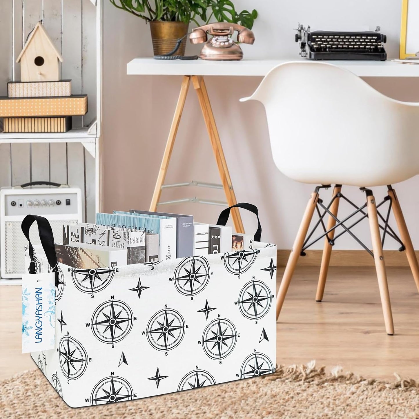 LANGYASHAN Rectangular Storage Bin Collapse Canvas Fabric Cartoon Storage Basket with Handles for Organizing Home Kitchen Boys and Girls Toys Office Closet Shelf Baskets (Rec Black Compass)