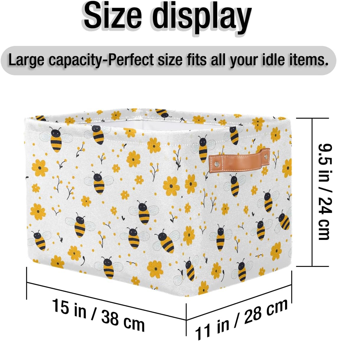 Bee Storage Basket for Shelves, Storage Bins with Handles, Collapsible Basket for Organizing, Closet Toy Baskets for Nursery Room, 15x11x9.5 in, Canvas, Yellow Bee
