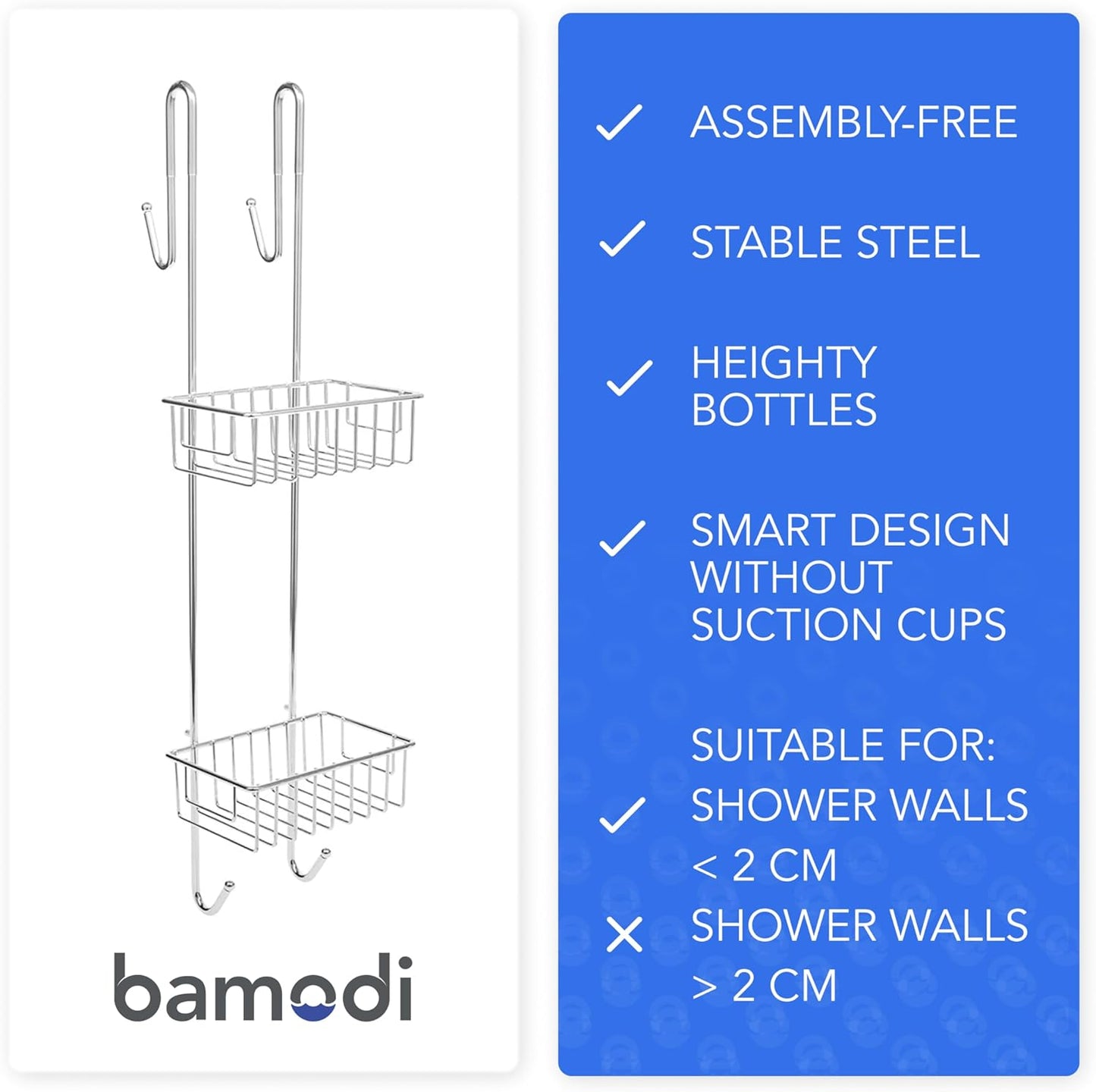 Bamodi Shower Caddy Hanging - 2 Tier Over Door Chrome Plated - No Drilling Required - Fits Shower Screens up to 0.78 inches - Hangable Shower Rack with 2 Towel Hooks (27.5 x 7.5 x 7.3 INCHES)