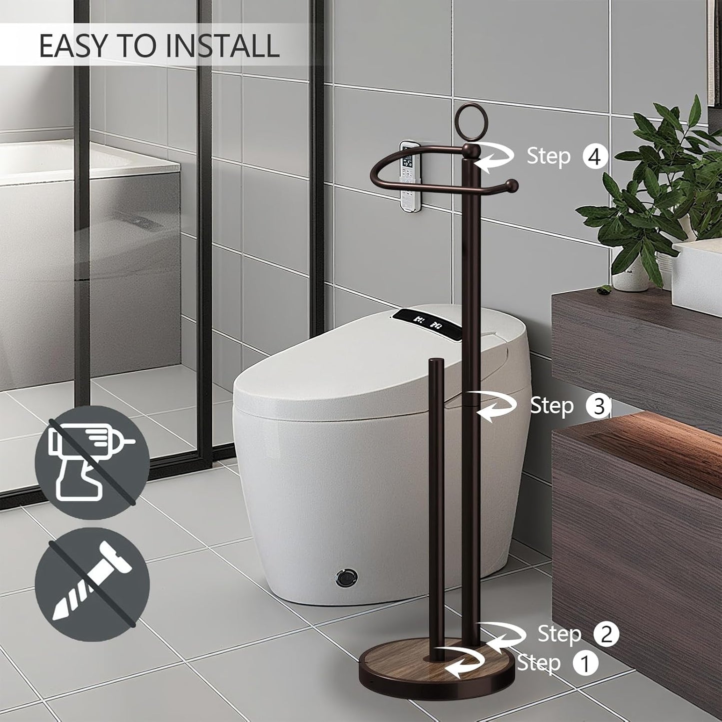 Toilet Paper Holder Free Standing with Storage 4 Rolls Stainless Steel Toilet Paper Holder Stand with Weighted Wood Grain Base Space-Saving Tissue Roll Holders for Bathroom Oil Rubbed Bronze