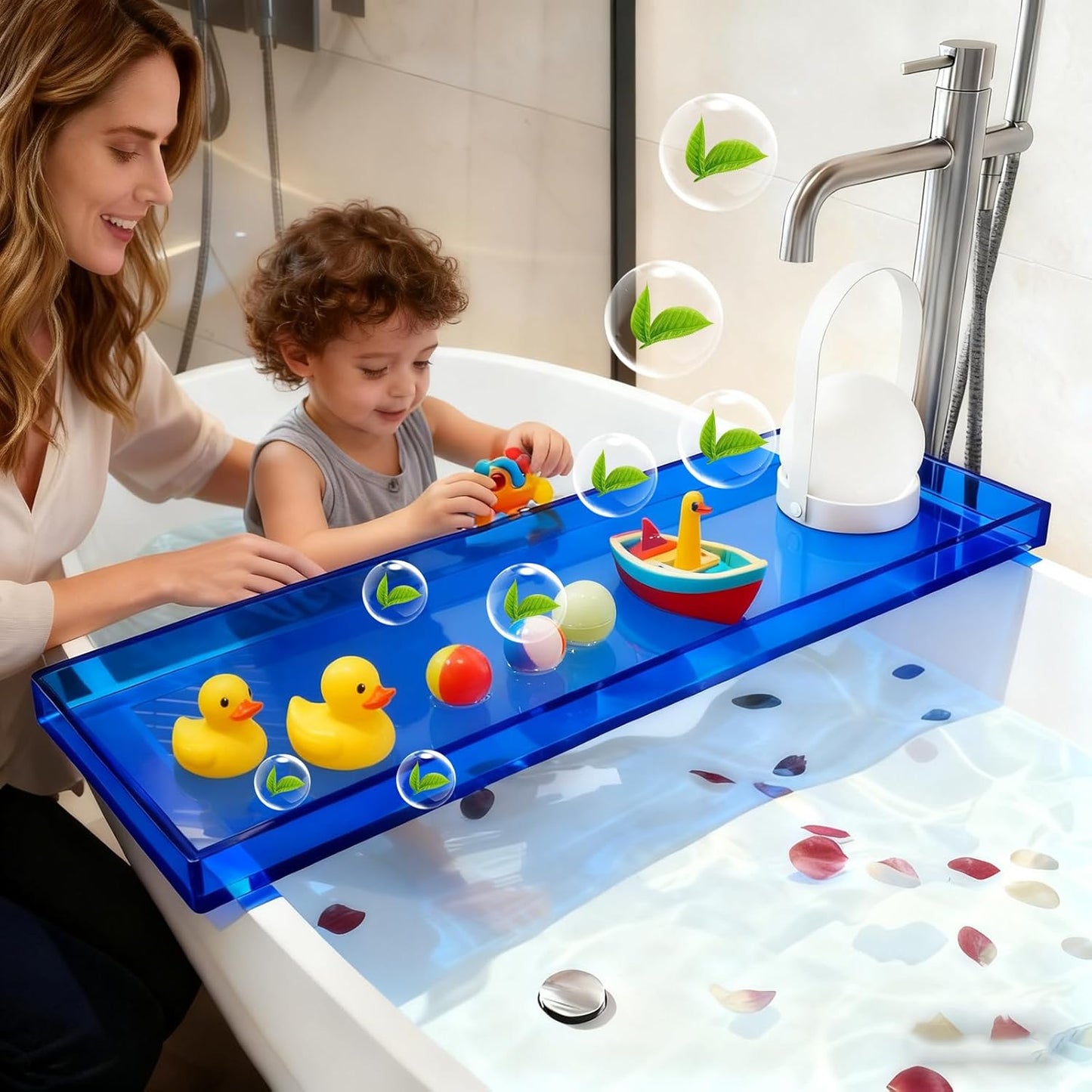 Bathtub Tray Table, Clear Acrylic, Anti-Slip Bath Caddy, (Blue, L32.3″ x W7.87″ x H1.18″)