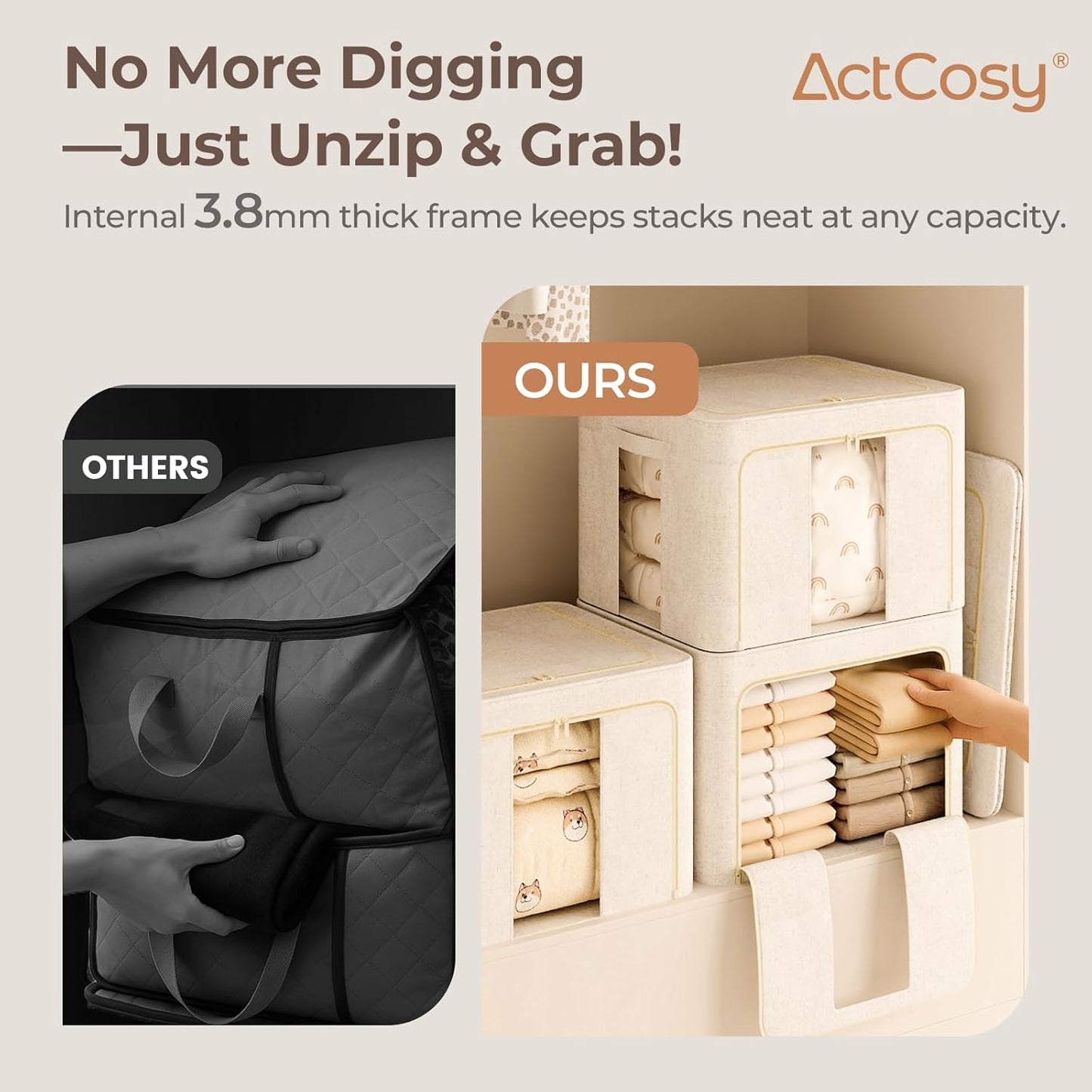 3Pack 60L Large Cloth Storage Bins with Metal Frame, Linen Storage Box with Clear Window, Stackable Sweater Storage for Closet, Clothes Containers for Comforters, Blankets, Quilts, T-shirt