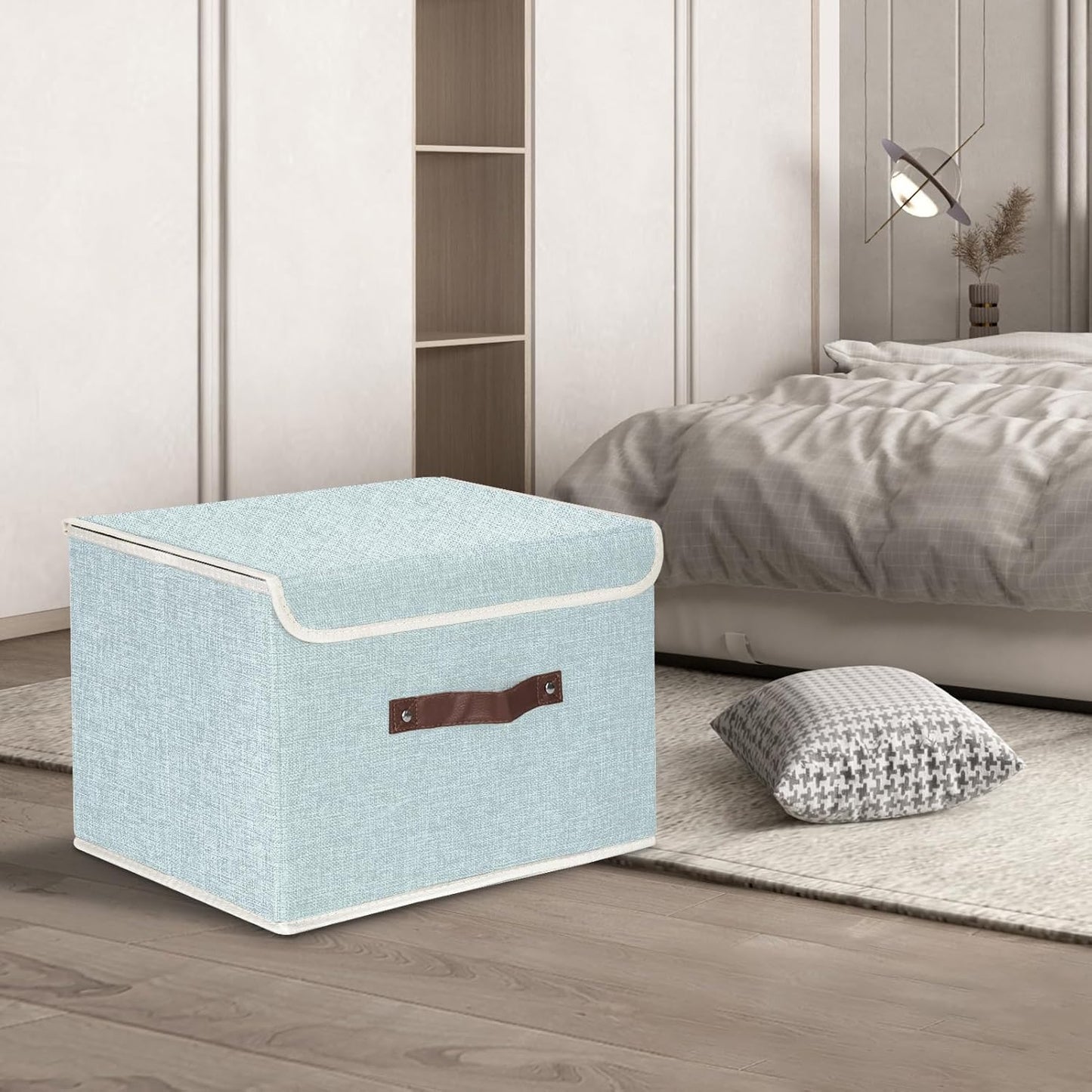 TYEERS Collapsible Storage Boxes, Washable Fabric Storage Bins with Lids, 14.9x9.8x9.8 inches, 2 Pack, Aqua Spring