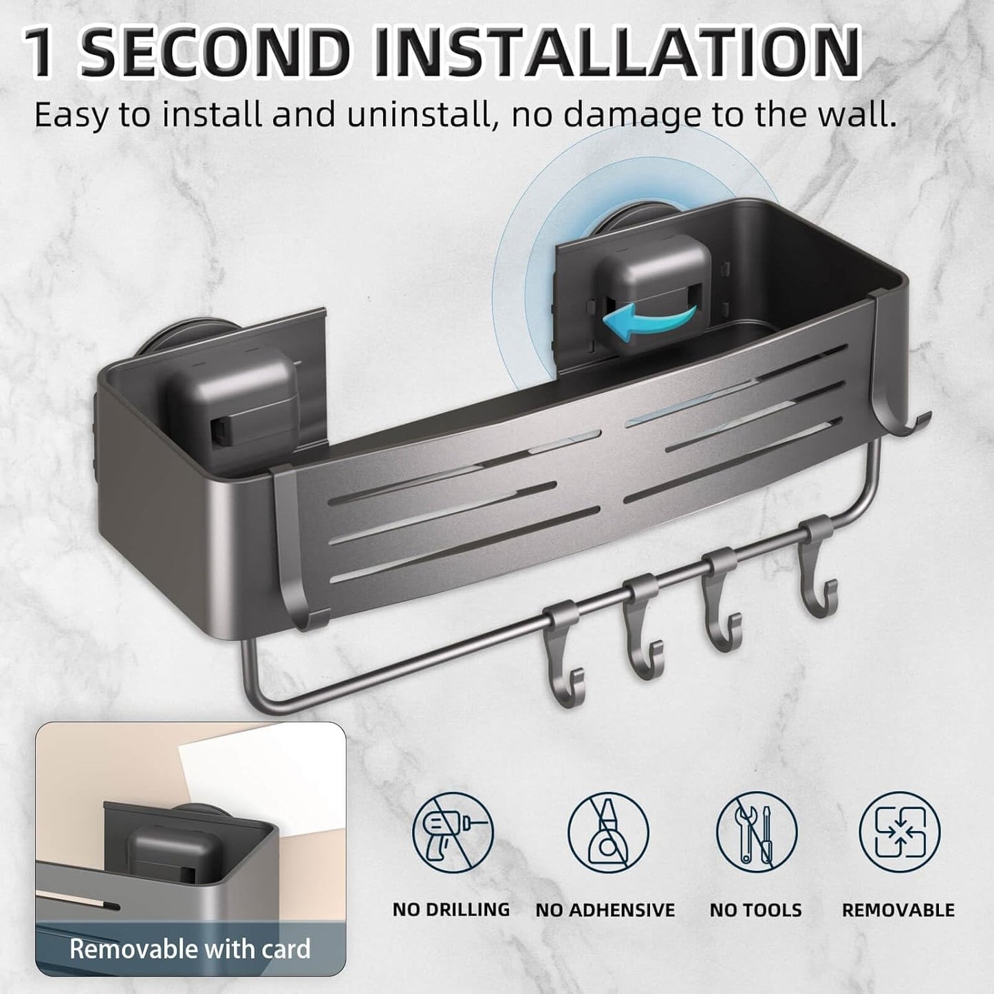 Onemake Shower Caddy Suction Cup, No Drilling Bathroom Shower Shelf, Corner Shower Caddy with 6 Portable Hooks, Removable Bath Organizer with Towel Bar for Bathroom Storage(Gray)