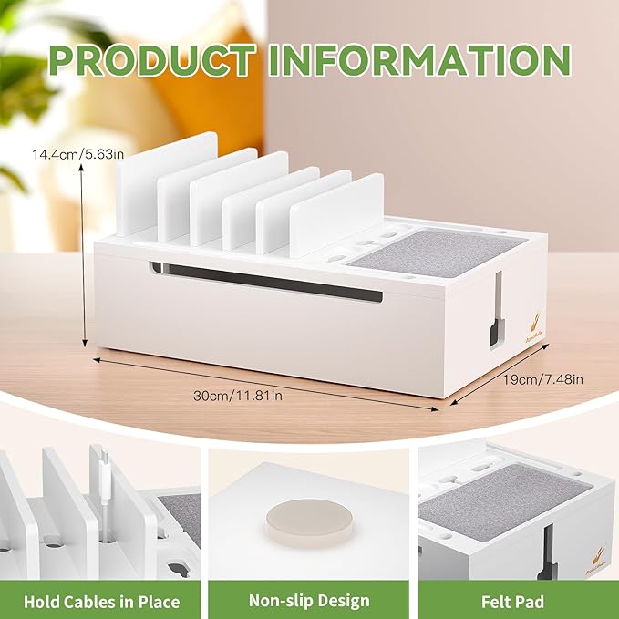 Pezin & Hulin Bamboo Charging Station for Multiple Devices, USB Charger Dock Organizer, with Power Supply (10 Ports HUB), 6 Cables, Cable Management Organizer for Cell Phones, Tablets -White