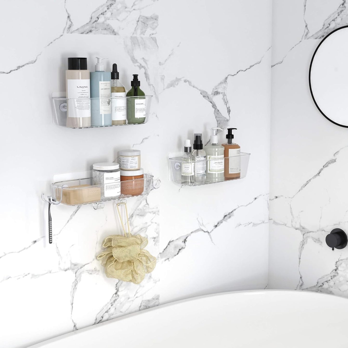 TZAMLI Clear Shower Caddy, Adhesive Shower Organizer Rustproof Shower Shelf with Razor Holder and Hook, Shower Rack for Bathroom Storage, 3 Pack