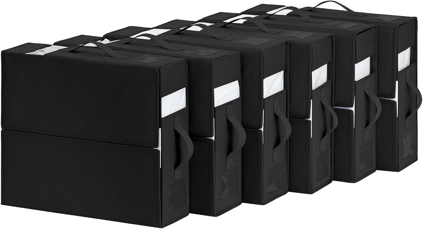 DIMJ Bed Sheet Organizers 6 Pack, Folding Sheet Bedding Storage Organizer, linen closet organizer with Window Handle (Queen or King Size) for Bed Sheets Duvet Covers Pillowcases.(Black), 6pack