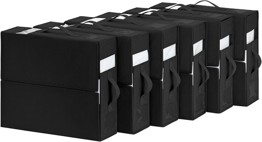 DIMJ Bed Sheet Organizers 6 Pack, Folding Sheet Bedding Storage Organizer, linen closet organizer with Window Handle (Queen or King Size) for Bed Sheets Duvet Covers Pillowcases.(Black), 6pack