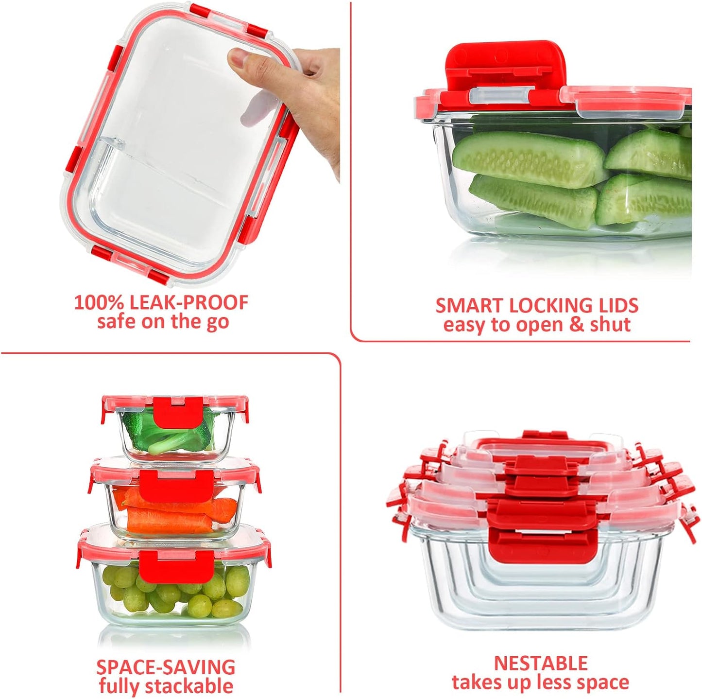 KOMUEE 24 Pieces Glass Food Storage Containers Set, Meal Prep Containers-Stackable Airtight Glass Storage Containers with lids,Freezer, Microwave, Oven Safe,Red