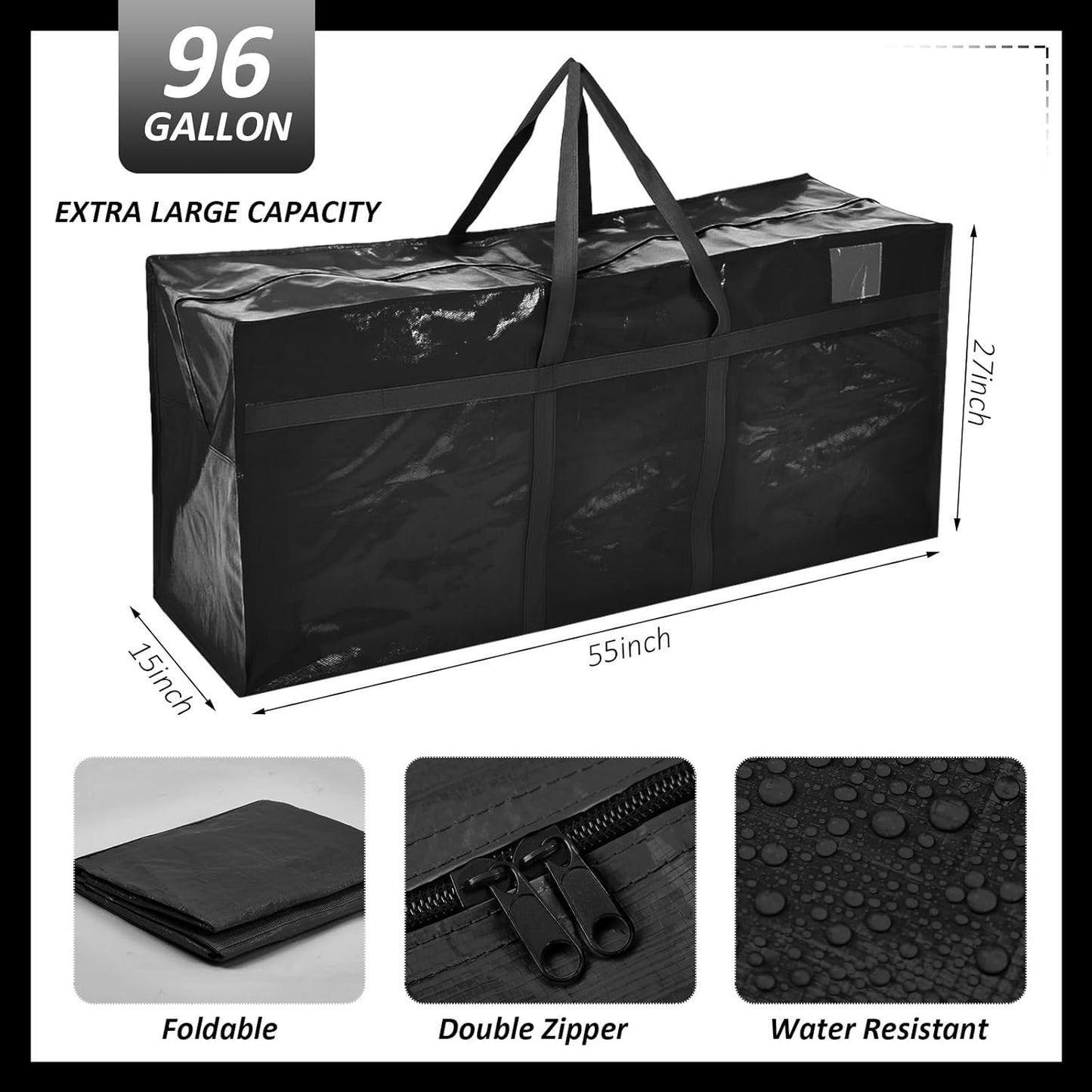 4 Pcs 96 Gallon Large Moving Bags with Zipper and Handles Foldable Storage Duffle Bags Heavy Duty Extra Large Totes for College Dorm Travel Clothes Blankets Bedding Moving (Black)