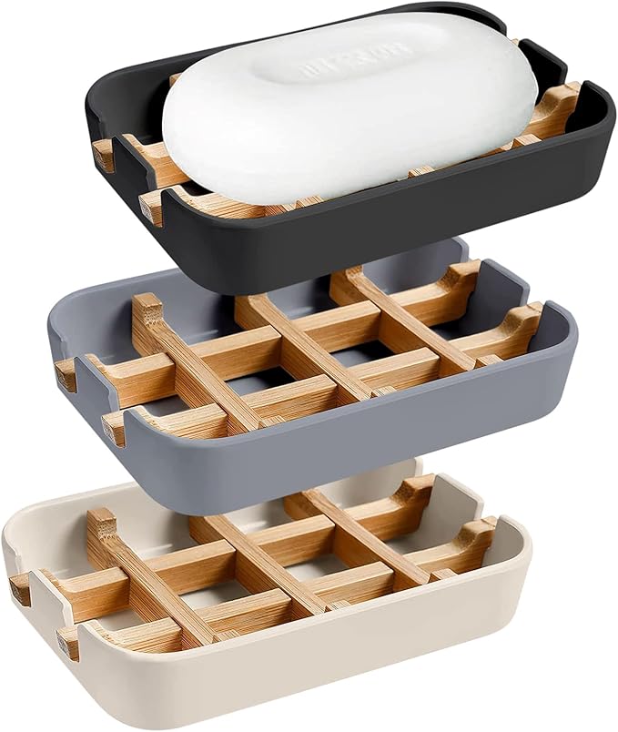 Aoheuo Modern Bamboo Fiber soap Holder and soap Dish Combination (Removable),5.12 Long by 3 Wide, 0.98 inches high, Used in Kitchens, bathrooms, and bar Sinks (Black,Gray,Off White)