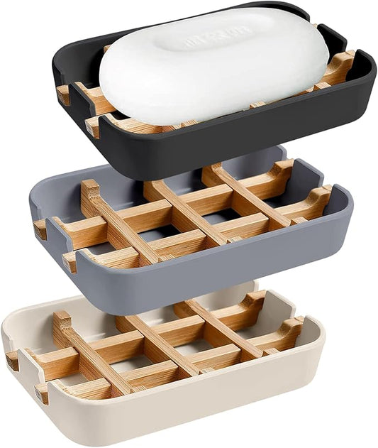 Aoheuo Modern Bamboo Fiber soap Holder and soap Dish Combination (Removable),5.12 Long by 3 Wide, 0.98 inches high, Used in Kitchens, bathrooms, and bar Sinks (Black,Gray,Off White)