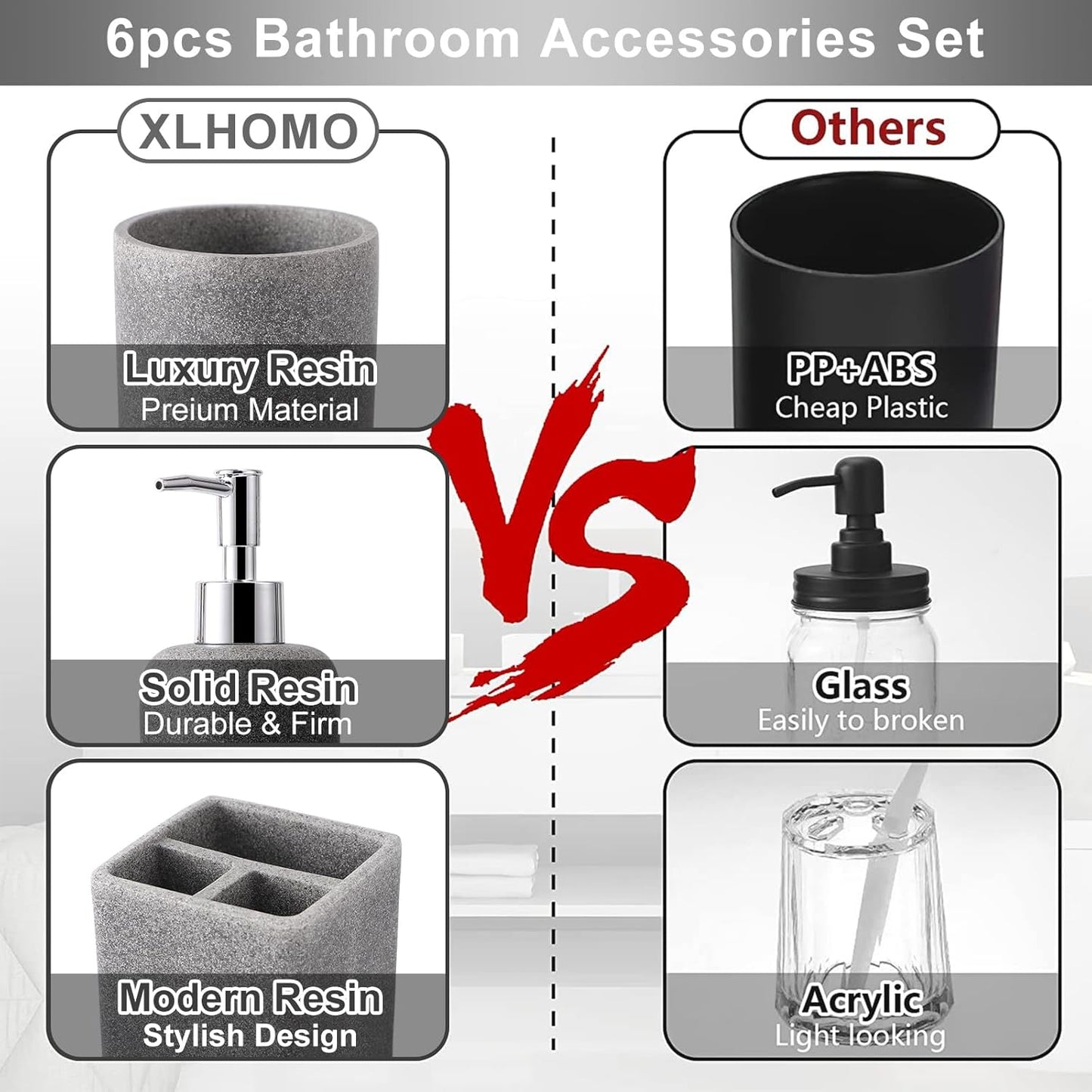 Resin 6 Pcs Gray Bathroom Set Complete with Toothbrush Holder, Lotion Soap Dispenser, 2 Qtip Holder Dispensers,Vanity Tray,Bathroom Tumbler - Countertop Vanity Organizer - Bathroom Accessories Set