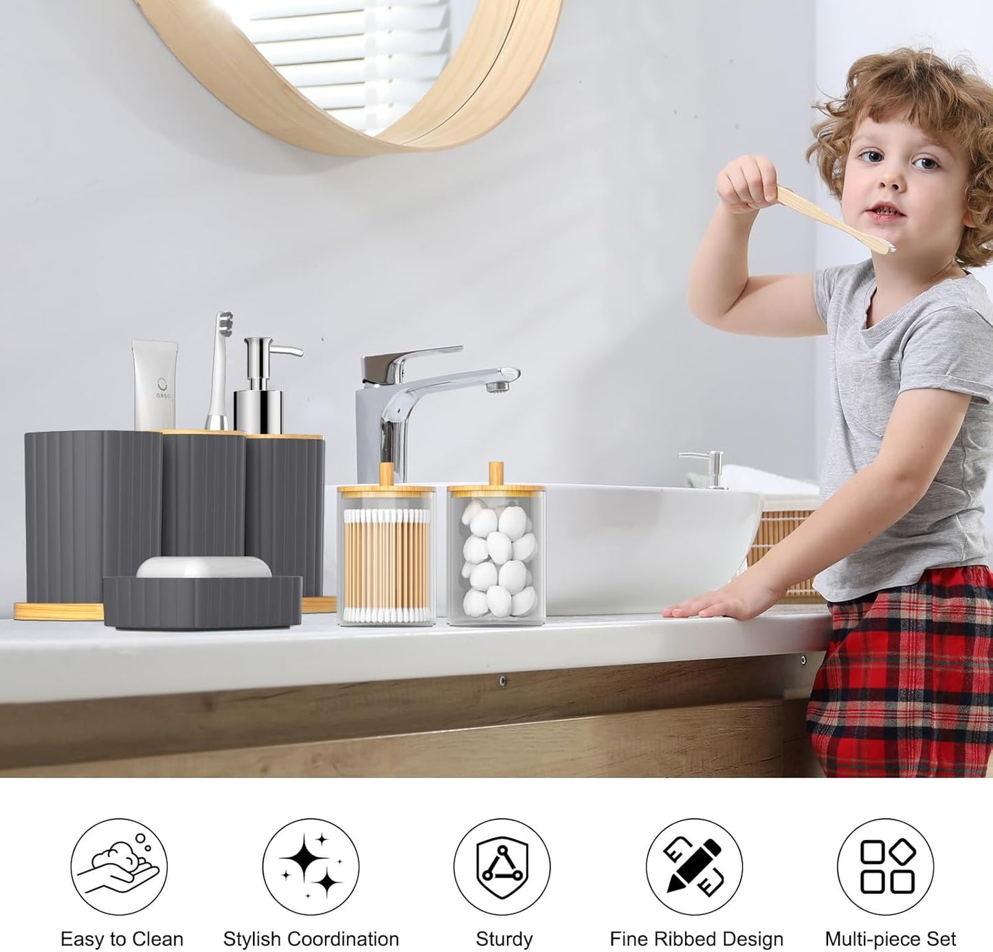 Bathroom Accessories Set - 22PCS Bathroom Set with Shower Curtain, Trash Can, Toilet Brush Holder Set & Soap Dispenser – Stylish & Functional Bath Decor for Home, Apartment, Grey