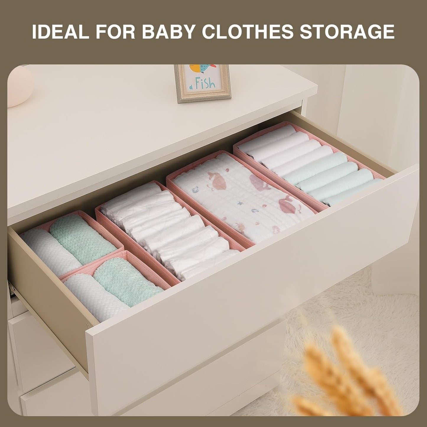 DIMJ Drawer Organizers for Clothing, Set of 4 Dresser Drawer Organizers, Fabric Closet Organizers and Storage, Drawer Dividers for Baby Clothes, Socks, Belt, Tie (Pink)