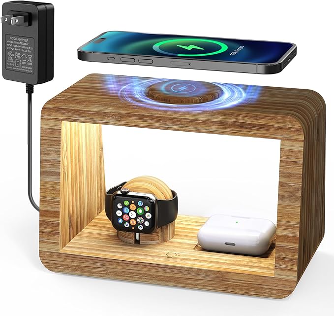 Bamboo Wireless Charging Station: 3-in-1 Wireless Charger with Night Lights - Fast Charging Stand Compatible with iPhone 16/15/14/13/12 Pro Max/X/Xs Max/8, AirPods Pro, Watch Series 10/9/8/7/6/5-2/SE