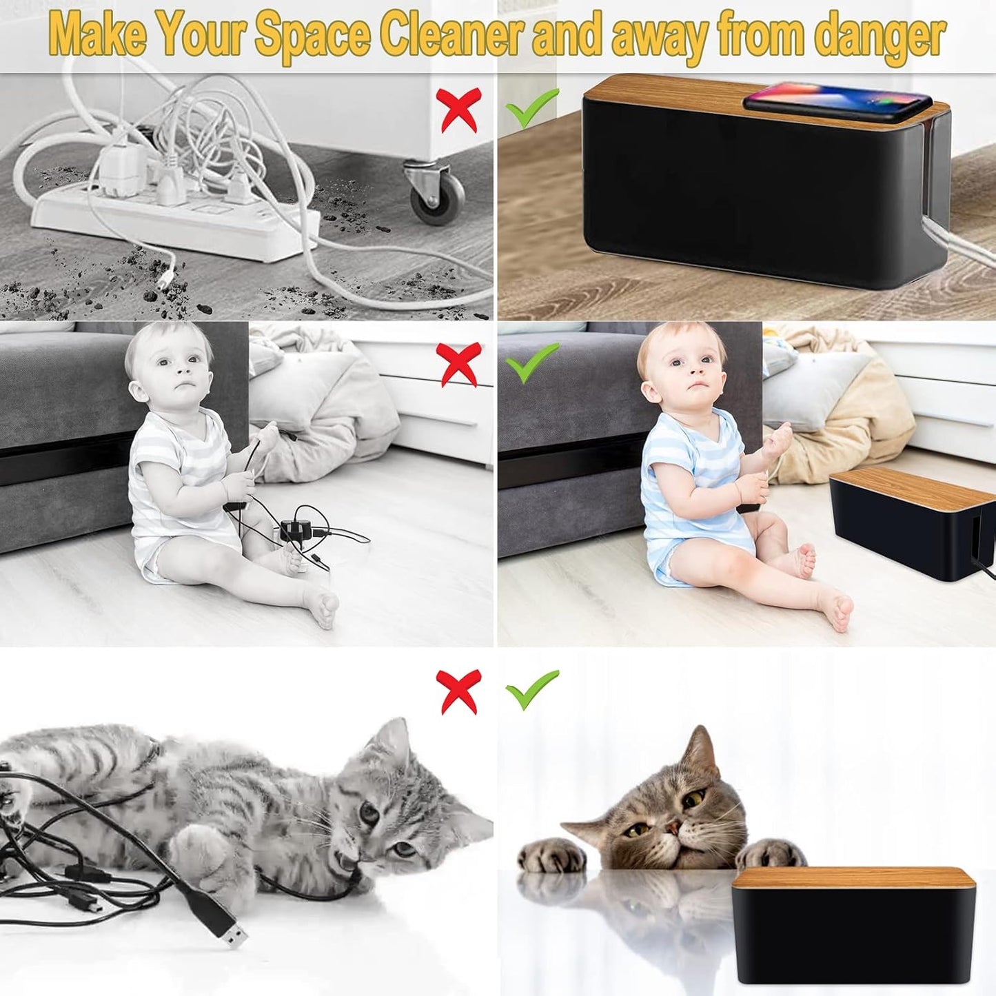 YUANYE Cable Management Box 2 Pack with 122 Cable Clips Set, Large Cord Organizer Box Hide Power Strip for Computer, Router, USB Hub and Under Desk Power Strip, Safe ABS Material Cord Management