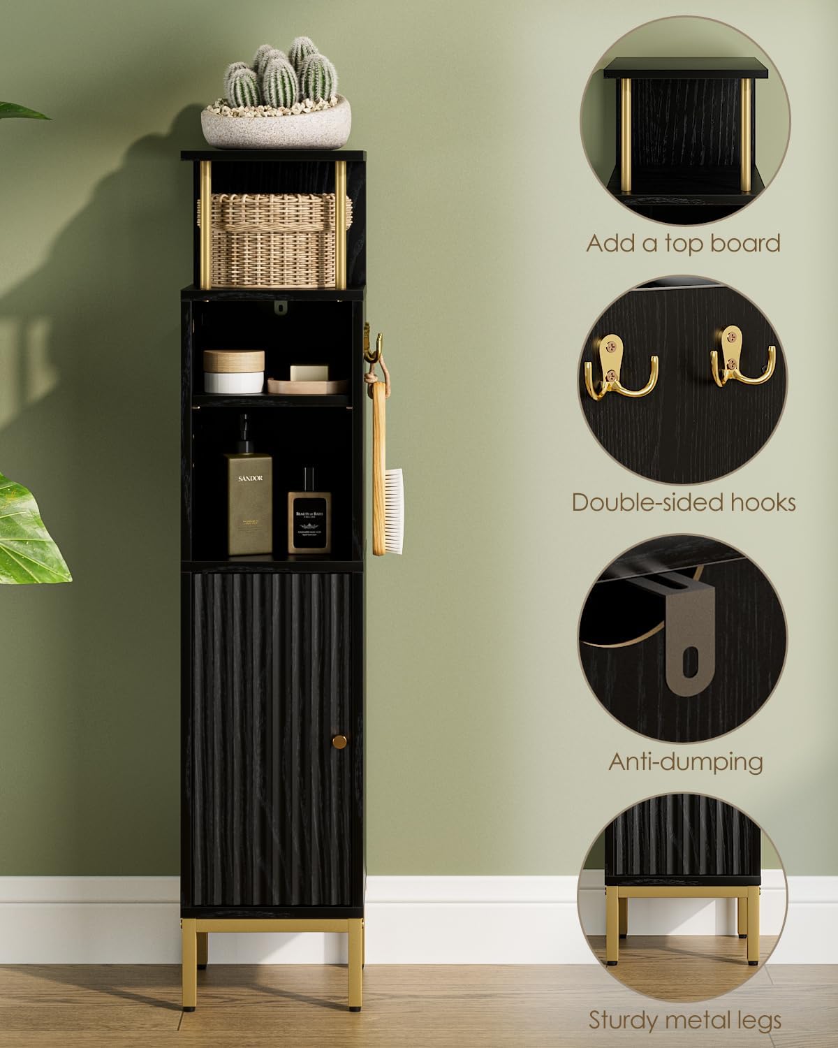 Bathroom Storage Cabinet,Small Corner Floor Cabinet with 2 Hook,Narrow Tall Toilet Paper Cabinet with Adjustable Shelves,Bathroom Organizer for Living Room,Small Spaces (Wave, Black-37''H)