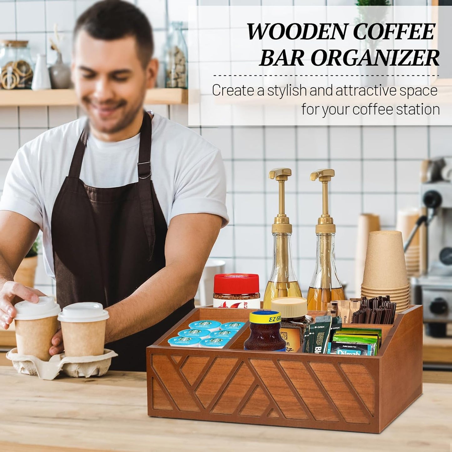 ugiftt Coffee Station Organizer for Counter, Wood Pods Holder Storage Basket, Tea Condiment Storage Organizer, Rustic Coffee Bar Decor for Accessories Organizer