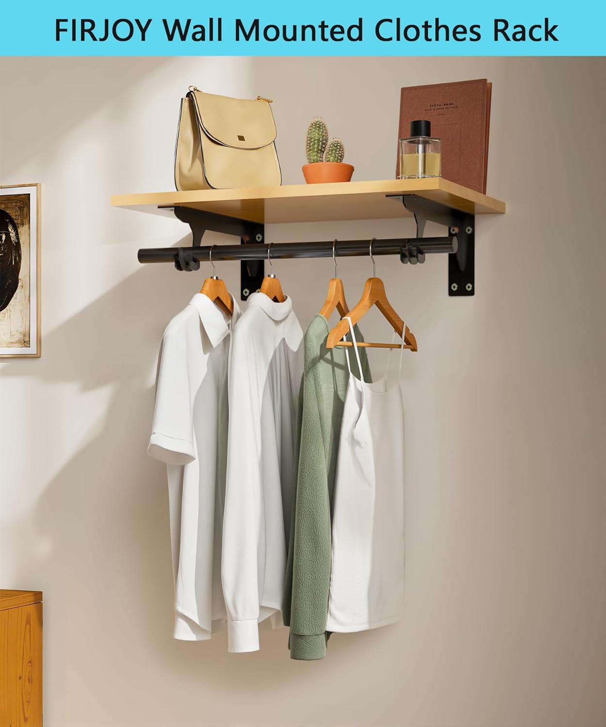 FIRJOY Wall Mounted Clothes Rack, with Top Shelf and Hanging Rod, Heavy Duty (2 PACK 11.8" x 15.7", Black)