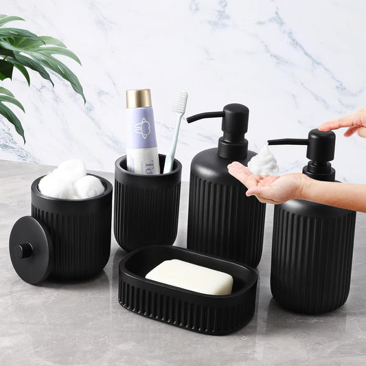 Black Resin Bathroom Accessories Set 5 Pcs, Bathroom Accessory Set Includes Foaming Soap Dispenser, Lotion Soap Dispenser, Toothbrush Holder, Qtip Holder, Soap Dish, for Modern Home Apartment