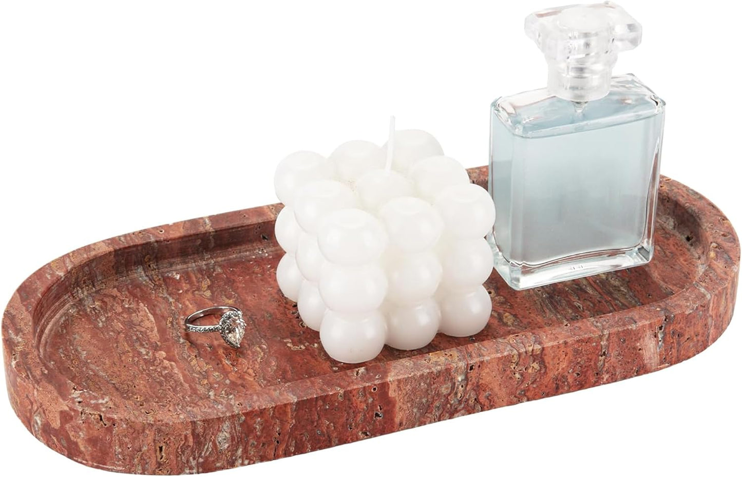 WORHE Italy Natural Travertine Stone Tray for Jewelry, Candles, Perfume, Trinket, Marble Oval Vanity Trays for Bathroom, Dresser, Kitchen, Countertop Storage Organizer for Home Decor Red (WH029)