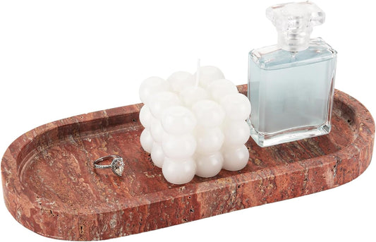 WORHE Italy Natural Travertine Stone Tray for Jewelry, Candles, Perfume, Trinket, Marble Oval Vanity Trays for Bathroom, Dresser, Kitchen, Countertop Storage Organizer for Home Decor Red (WH029)