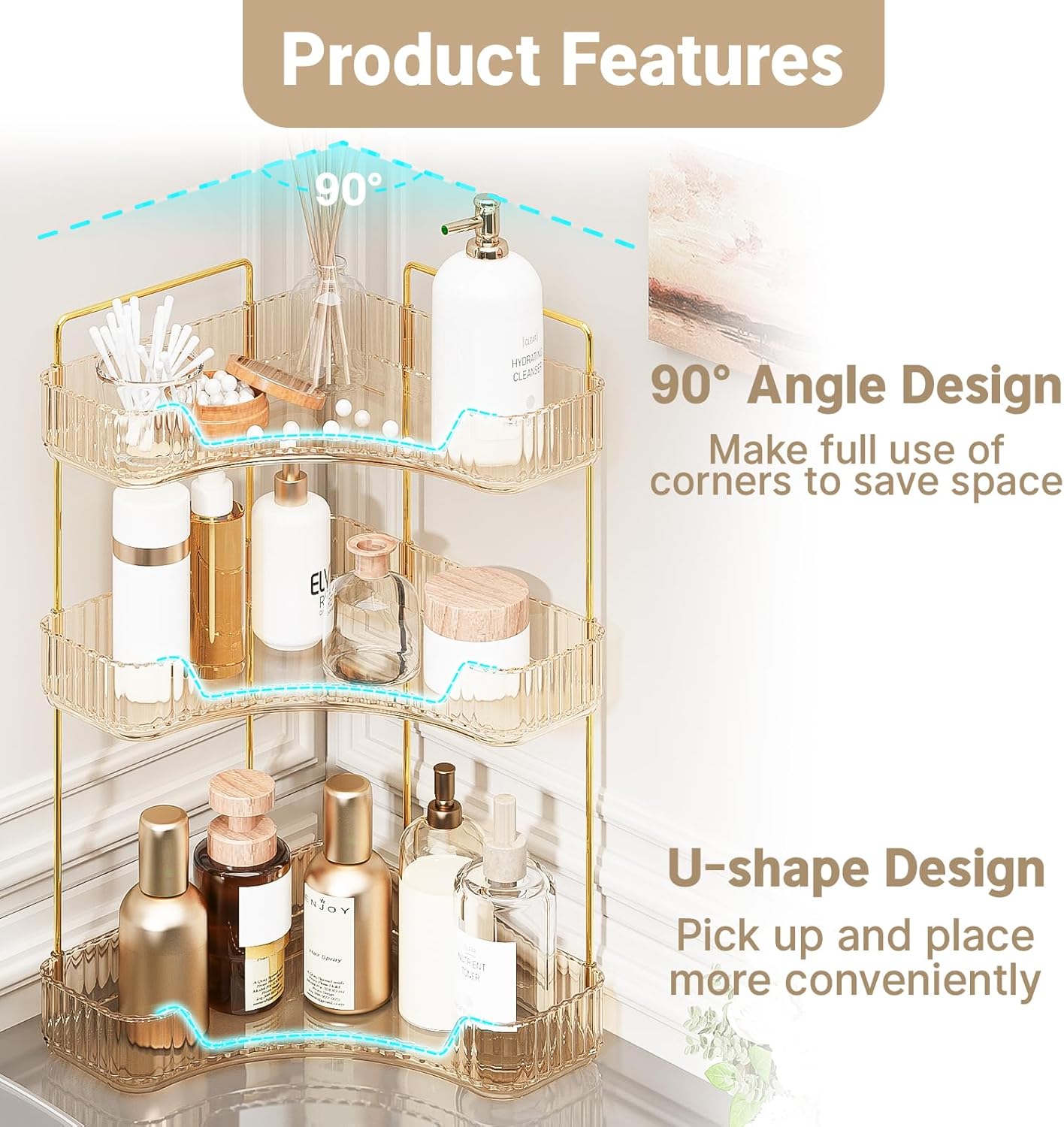 3-Tier Corner Bathroom Counter Organizer, Plastic Bathroom Organizer Countertop, Makeup Organizer for Vanity Perfume Tray Holder for Corner Storage, Amber