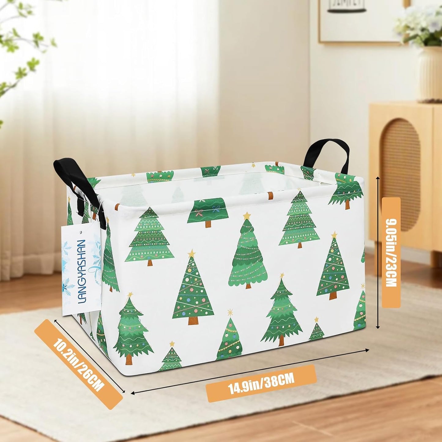 LANGYASHAN Rectangular Storage Bin Collapse Canvas Fabric Cartoon Storage Basket with Handles for Organizing Home Kitchen Boys and Girls Toys Office Closet Shelf Baskets (Rec christmas tree)