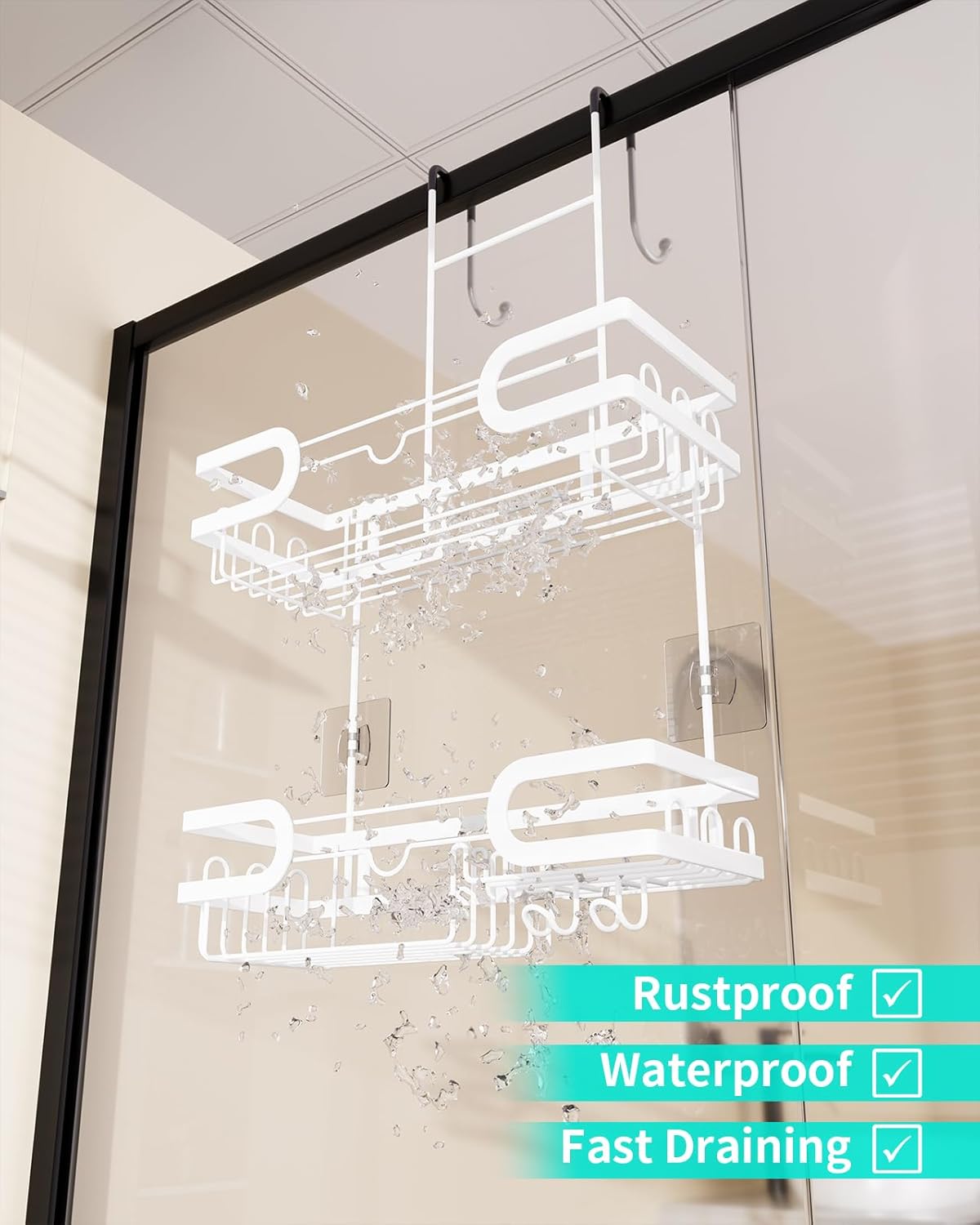 HapiRm Shower Caddy Over Door- Hanging Shower Organizer with 14 Hooks and Soap Holder, Rustproof & Waterproof Stainless Steel Bathroom Shelf - White