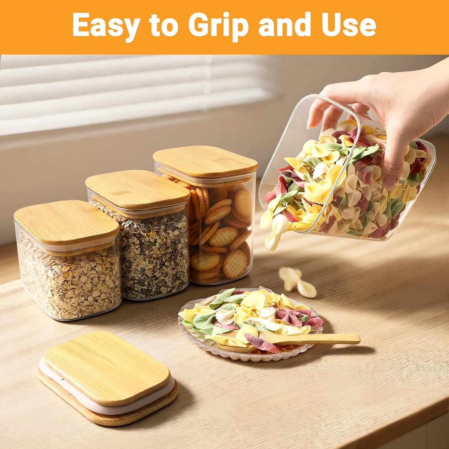 Rectangle Glass Jar with Lid, 4 Pack 37oz Large Glass Jars with Bamboo Lids, Stackable Pantry Storage Containers for Kitchen Counter, Cereal Container for Flour, Tea, Sugar, Coffee, Snacks