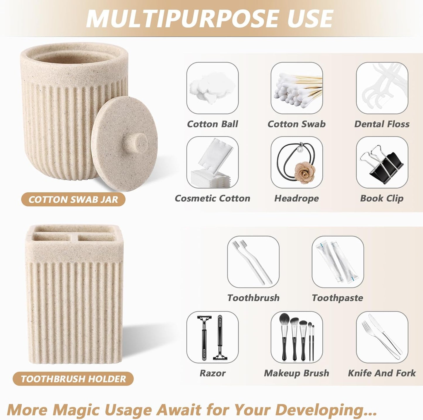 Resin Beige Bathroom Accessories Set 5 Pcs, Lotion Soap Dispenser, Toothbrush Holder, Bathroom Tumbler, Qtip Holder and Vanity Tray, Bathroom Countertop Organizer Set for Modern Home Apartment