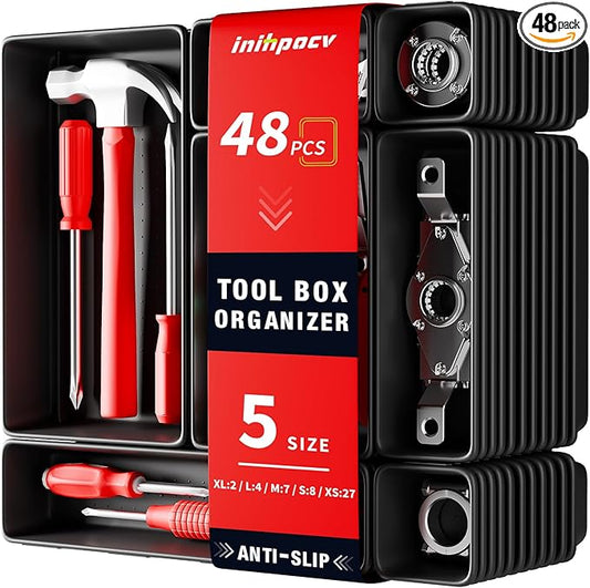 【48PCS & 5 Sizes】 Tool Box Organizer Tray, Toolbox Drawer Organizer with Non-Slip Pads, Desk Drawer Divider Set, Fits Rolling Tool Chest Cabinet for Garage & Workbench