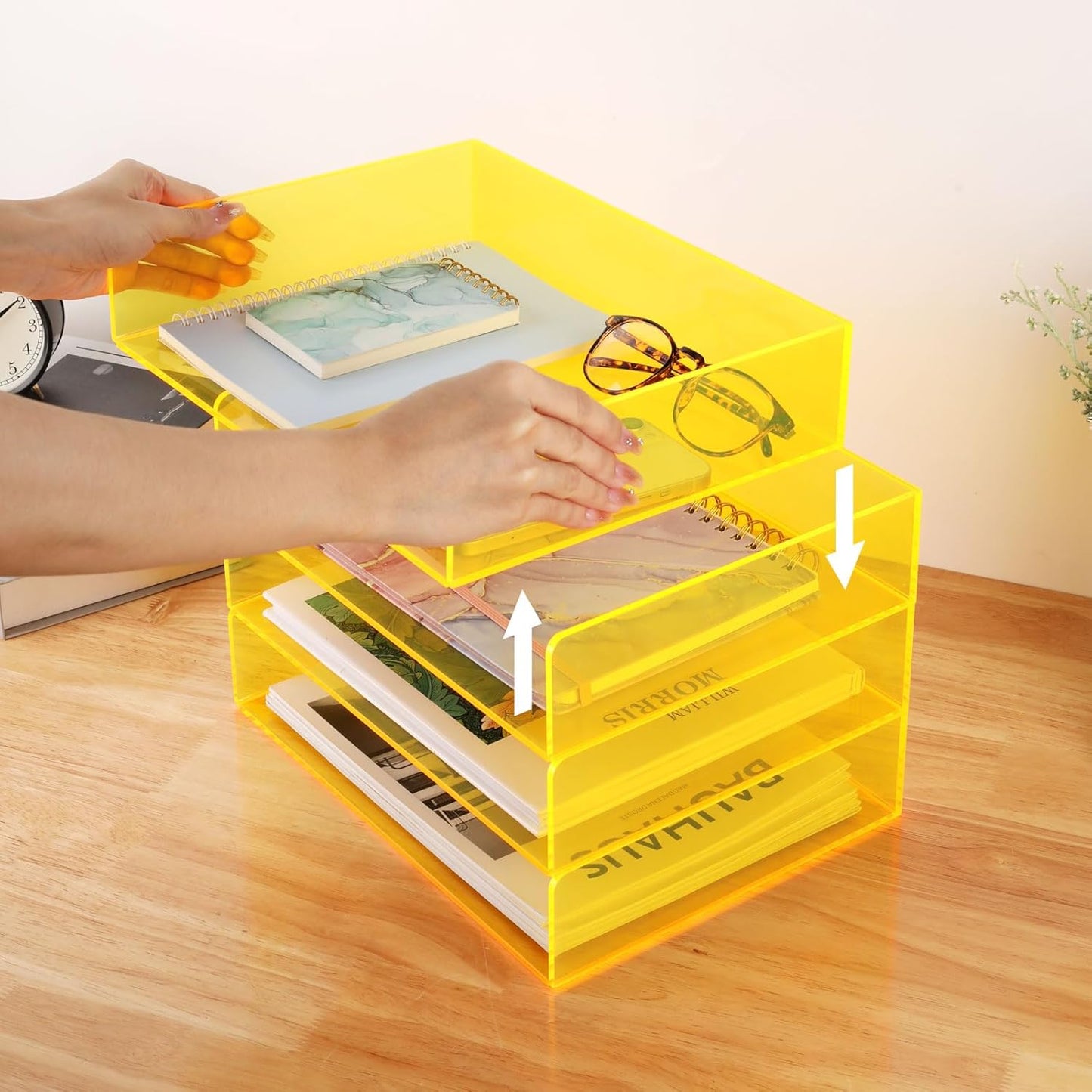 Acrylic File Organizer for Desk 4 Tiered Stackable Letter Tray Office Paper Storage Desktop Document Sorter, Neon Yellow