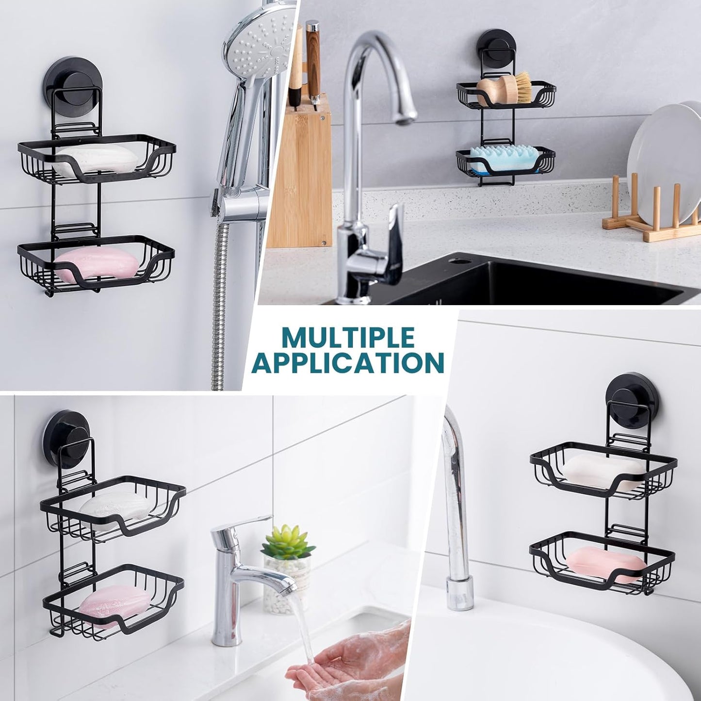 TAILI Double Layer Soap Holder, Drill-Free Bar Soap Dish Tray Suction Cup, Draining for Shower Wall, Bath Storage, Rustproof Stainless Steel Sponge Holder for Tub, Kitchen, Black