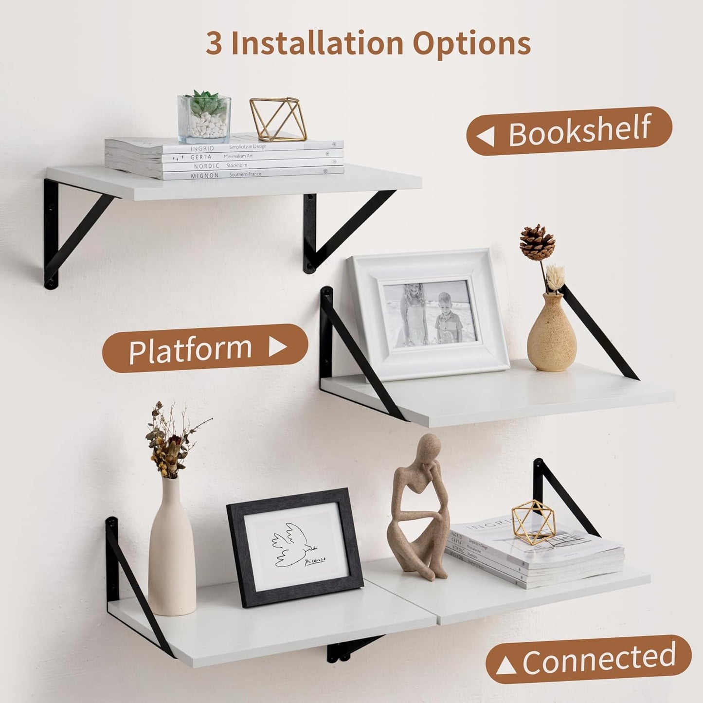 Axeman Deep Floating Shelves Set of 2, 16W x 12D, Modern Style, Wall Mounted, White, Heavy Duty, 40 lbs Weight Capacity