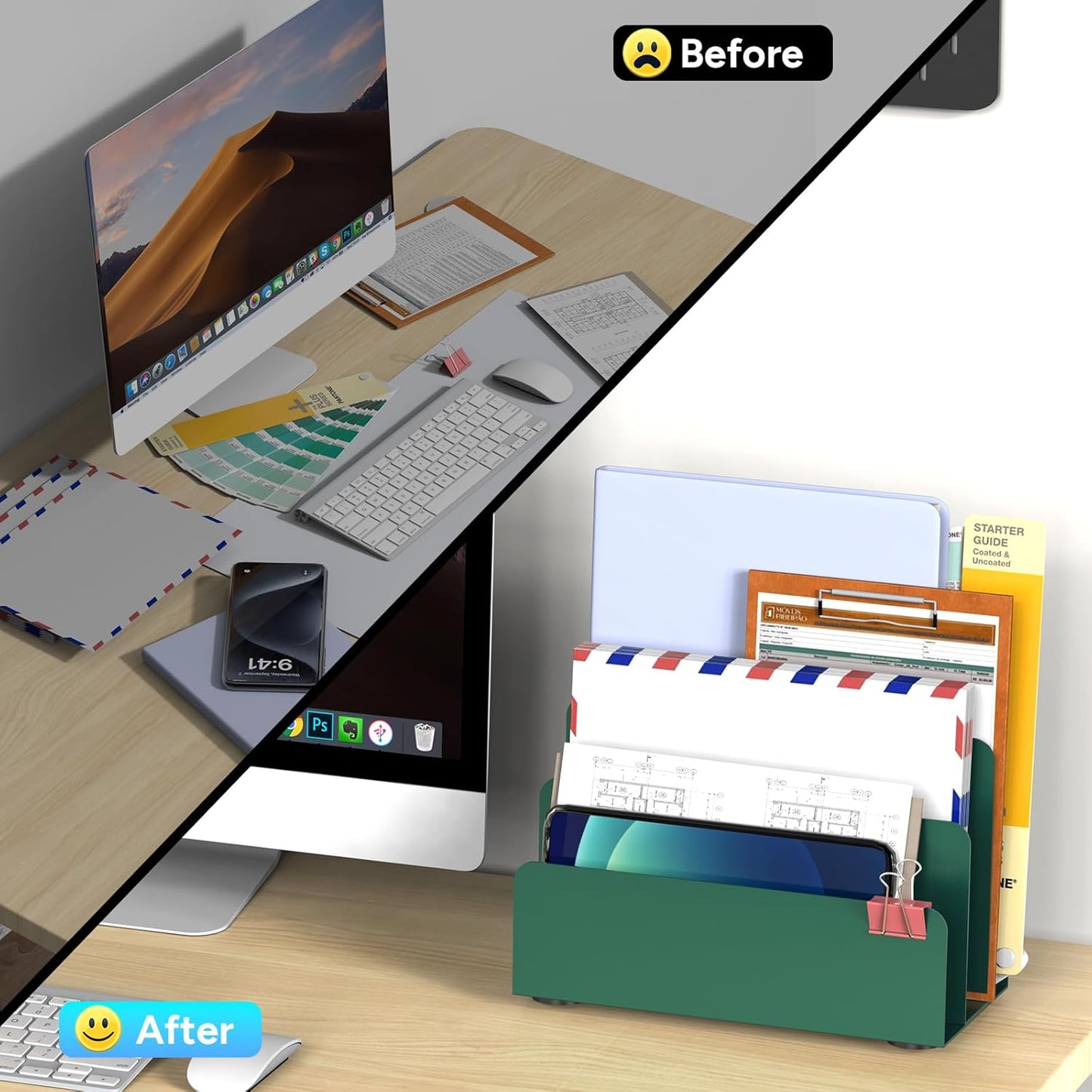 Mail Organizer Countertop, Small Desk File Organizer, Metal File Holder - Essential Workspace Organizers for Office Desk, Home Office (Green)