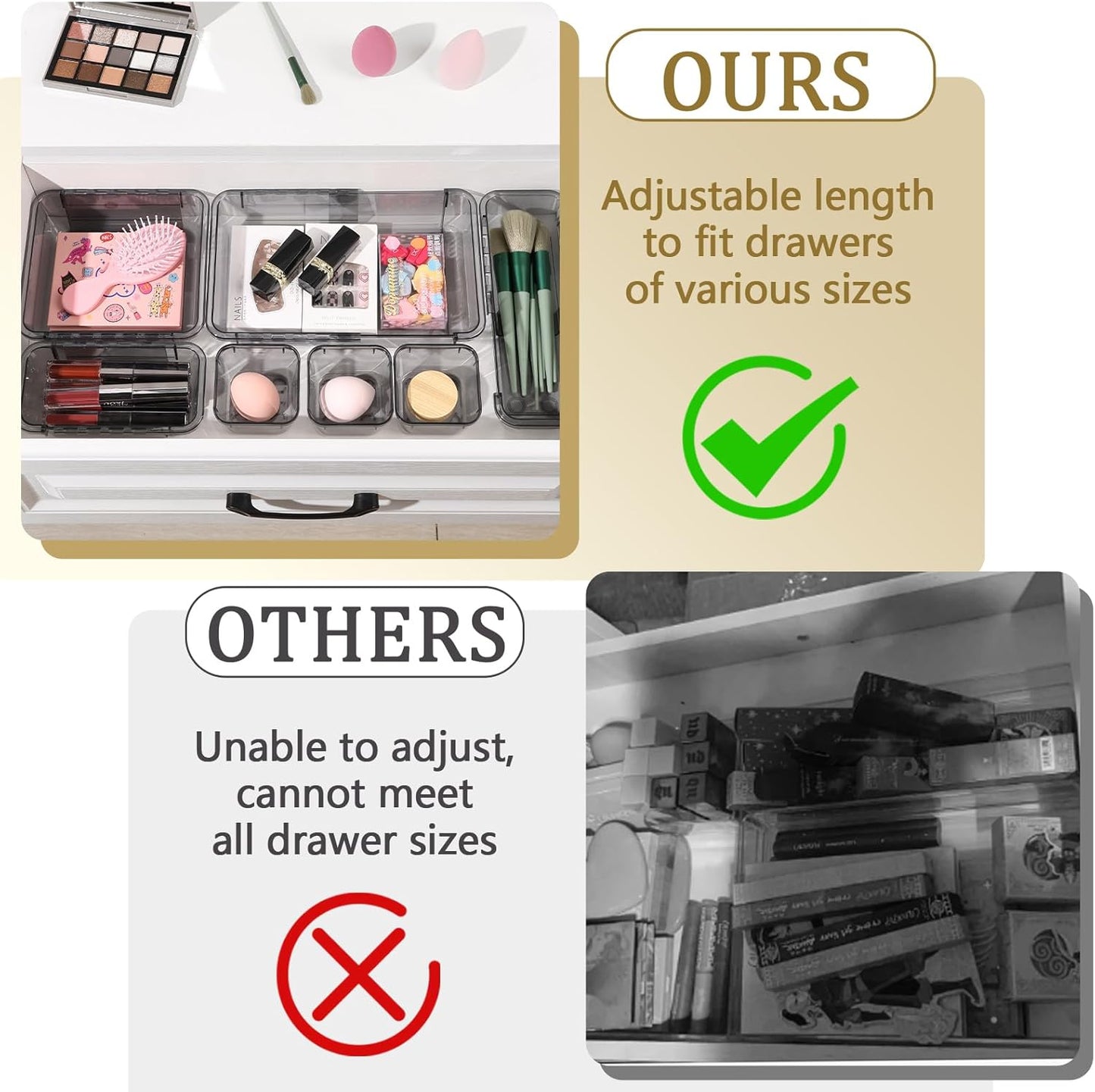 14 Pcs Adjustable Clear Drawer Organizer, Extendable Vanity Storage Bins, Desk Drawer Organizer Set for Makeup, Cosmetics, Bedroom, and Gadgets, Black