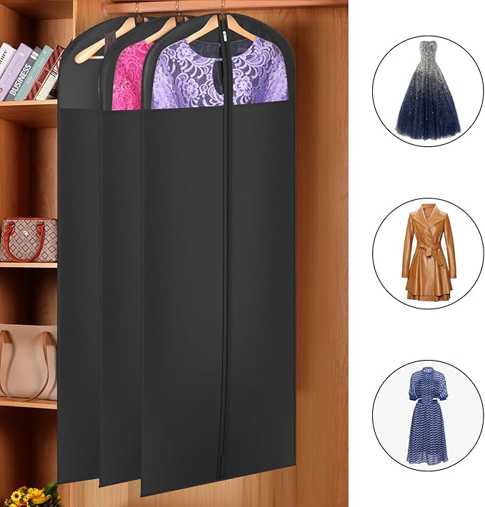 Univivi Long Garment Bags for Hanging Clothes, 65" Dress Bags for Gowns Long for Closet Storage with Large Visible Window for Long Suits, Coats, Dresses, 3 Pack, Black
