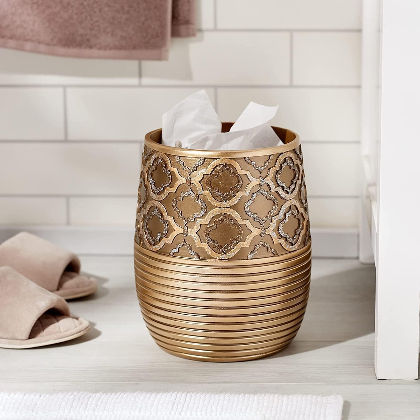 Zahari Home 2pc Spindle Modern Bath Accessories Set Waste Basket & Tissue Box Modern Classic Contemporary Decorative Beautiful Designs Bathroom Decor Set for Home Gold Complete Bathroom Sets