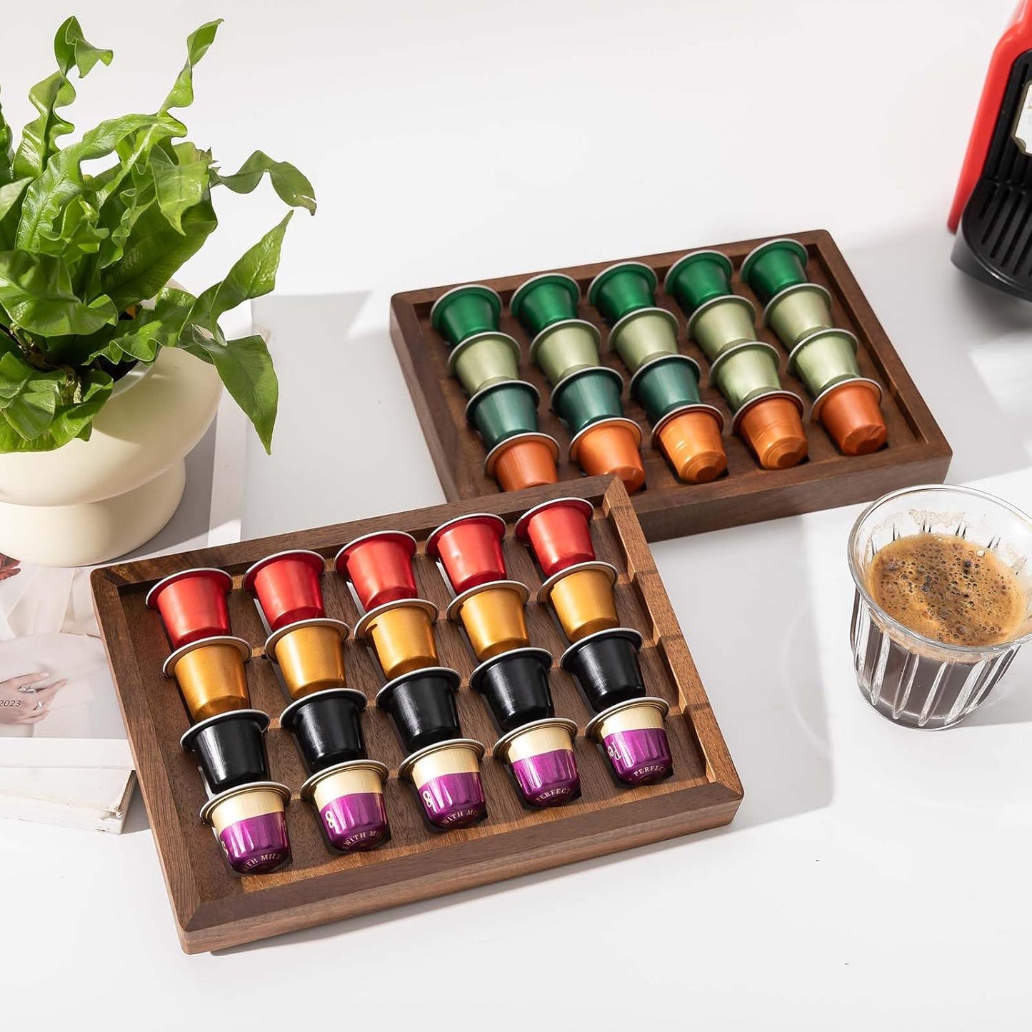 2 PCS Acacia Wood Coffee Pod Holder Tray Compatible with Nespresso Original Line, Organizer, Storage, Container, Capsule Cup Holder for Countertop or Drawer, Total 40 Pods Capacity