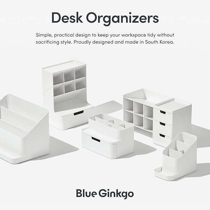 BLUE GINKGO Portable Desk Organizer – Compact 3 Compartment, Half-drawer Storage – Pen Holder, Stationery Desktop Organizer for Office, Makeup, Crafts (Made in Korea, Blue)