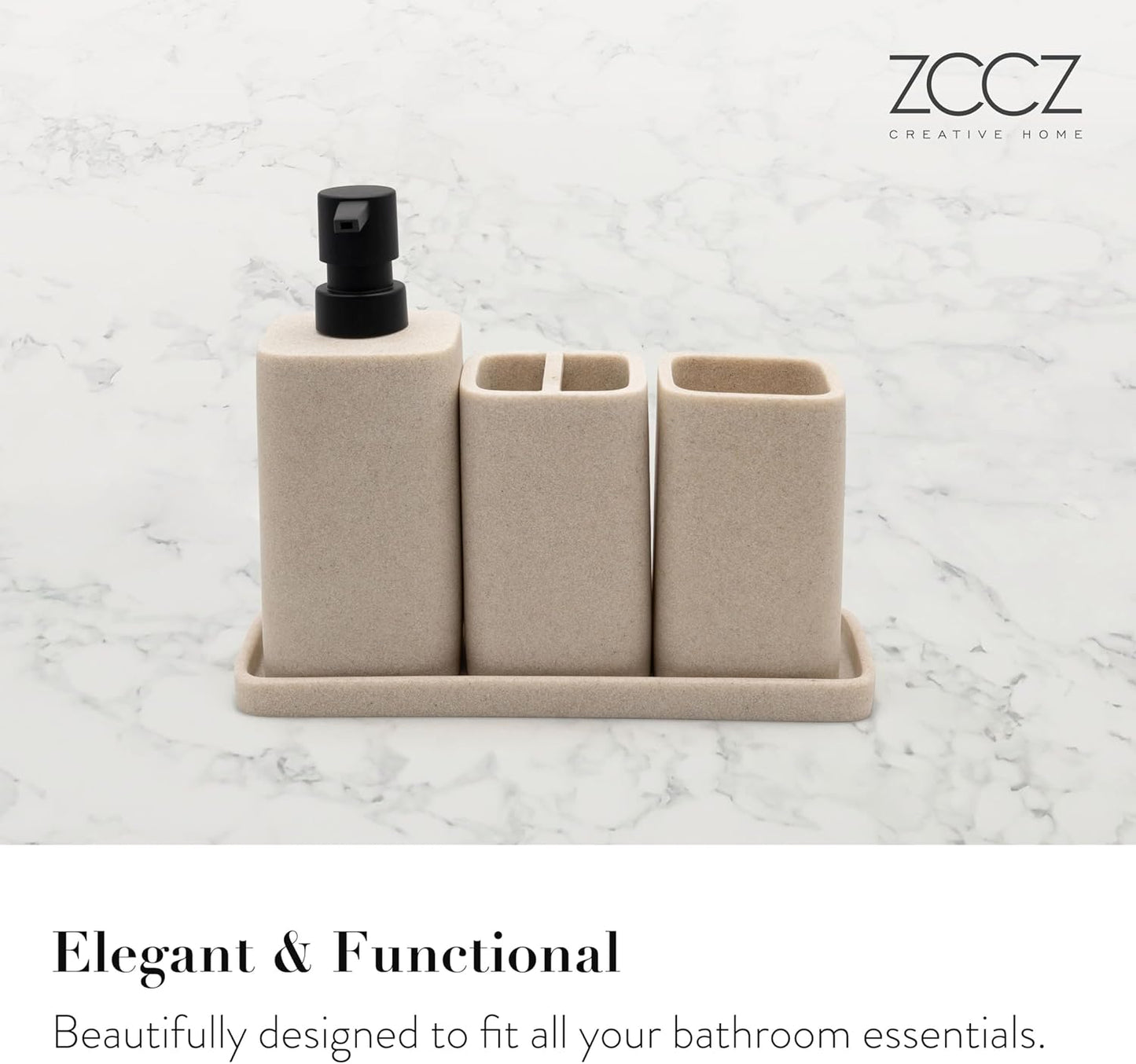 ZCCZ Beige Bathroom Accessory Sets, 4 Pieces Bathroom Accessories Complete Set Vanity Countertop Accessory Set, Includes Lotion Dispenser Soap Pump, Tumbler, Toothbrush Holder and Tray