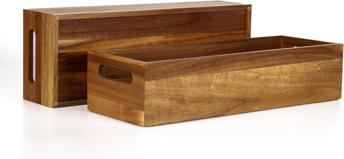 Natural Acacia Hardwood Bathroom Tray with Handles for Organizing Toiletries and Accessories - Large 16.5x6 in Size for Countertop, Shelf, or Tank Top Storage