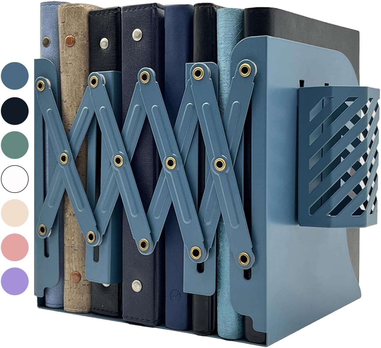 Kingsmile Book Ends, Adjustable Bookends for Shelves, Metal Bookends for Heavy Books, Book Stopper Organzier with Pen Holder for Desk, Kids Room, Office, Classroom, Library, Study Room.(Blue)