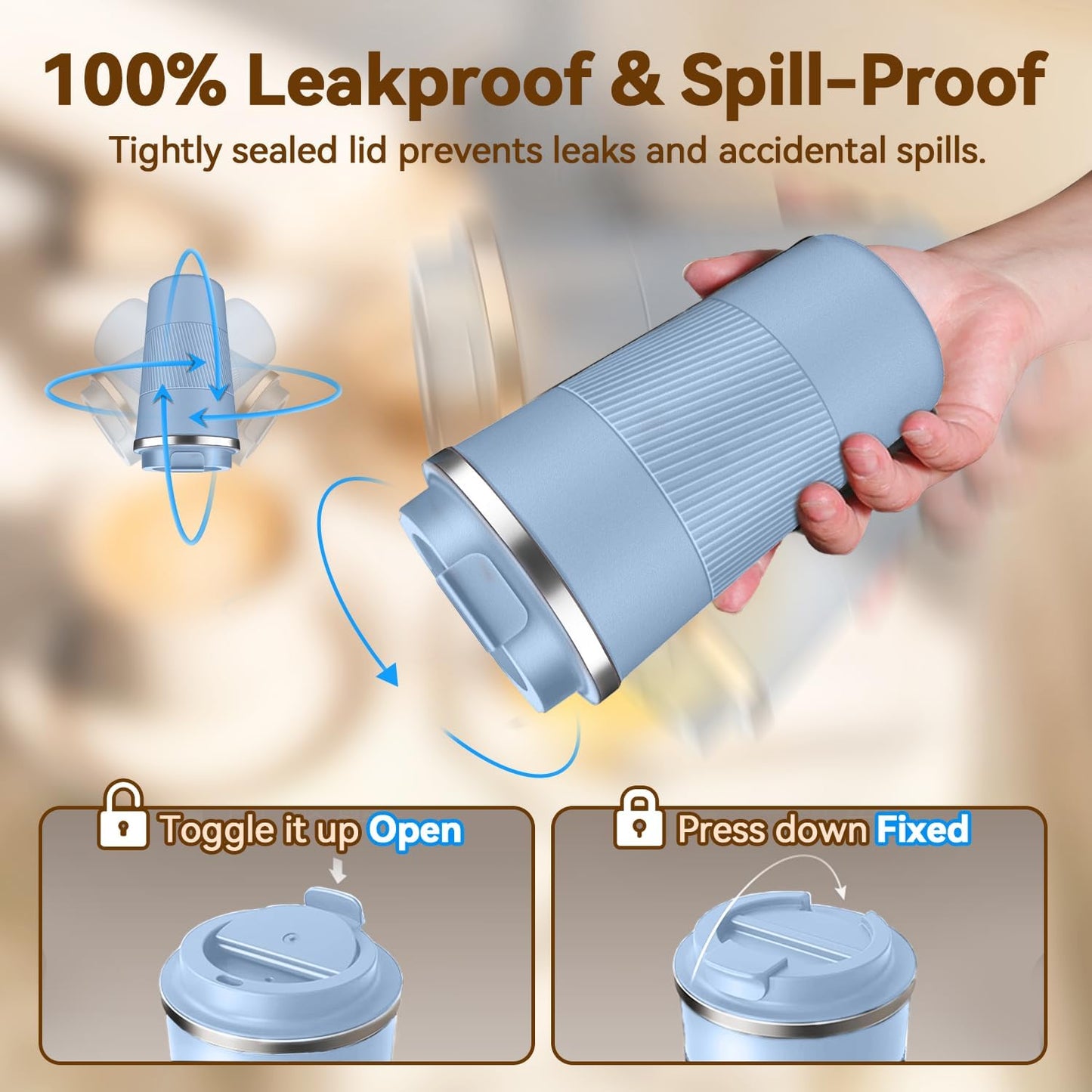 12OZ Travel Coffee Mug Insulated Coffee Cup with Spill Leak Proof Lid, Portable Stainless Steel Tumbler Reusable Hot and Cold Water Mug for Car, Daily, Camping- Light Blue