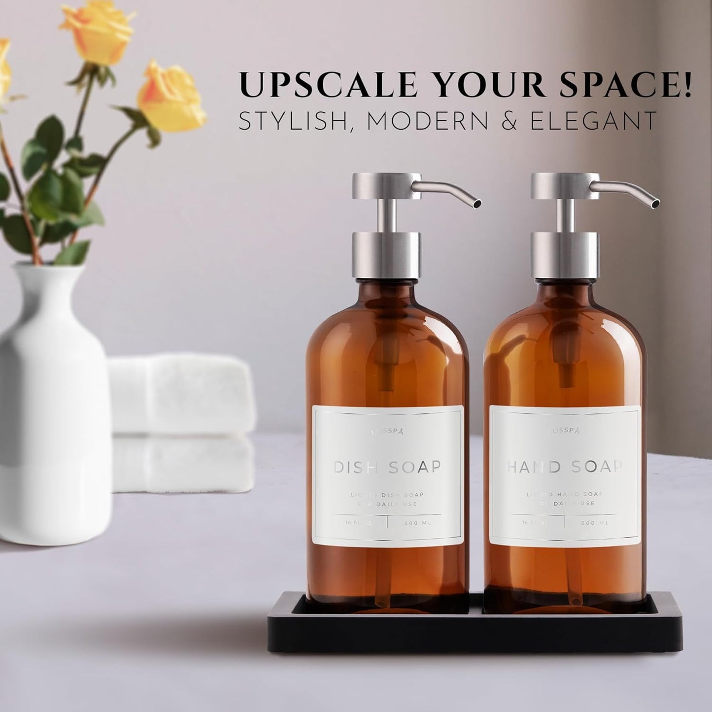 Lotion, Hand & Dish Soap Dispenser for Kitchen Sink - Bathroom Soap Dispenser Set of 2 16.8 Oz Glass Bottles with Stainless Steel Pump, 15 Water Proof Labels & Silicon Tray (Amber/Silver)