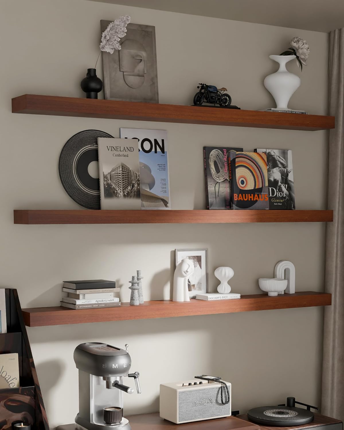 Floating Shelves for Wall, 60 Inch Extra Long Brown Wall Shelves, Set of 3, Hanging Invisible Brackets Floating Shelves for Living Room,Bedroom,and Kitchen