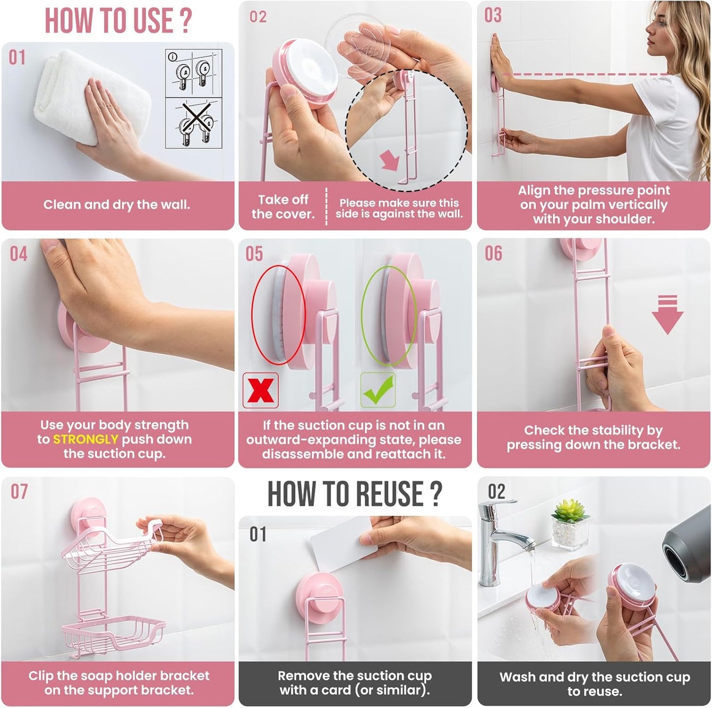 TAILI Double Layer Soap Holder, Bar Soap Dish Suction Cup for Shower Wall, Draining Saver Tray for Bathroom, Rustproof Stainless Steel Sponge Holder for Tub, Kitchen, Drill-Free, Pink